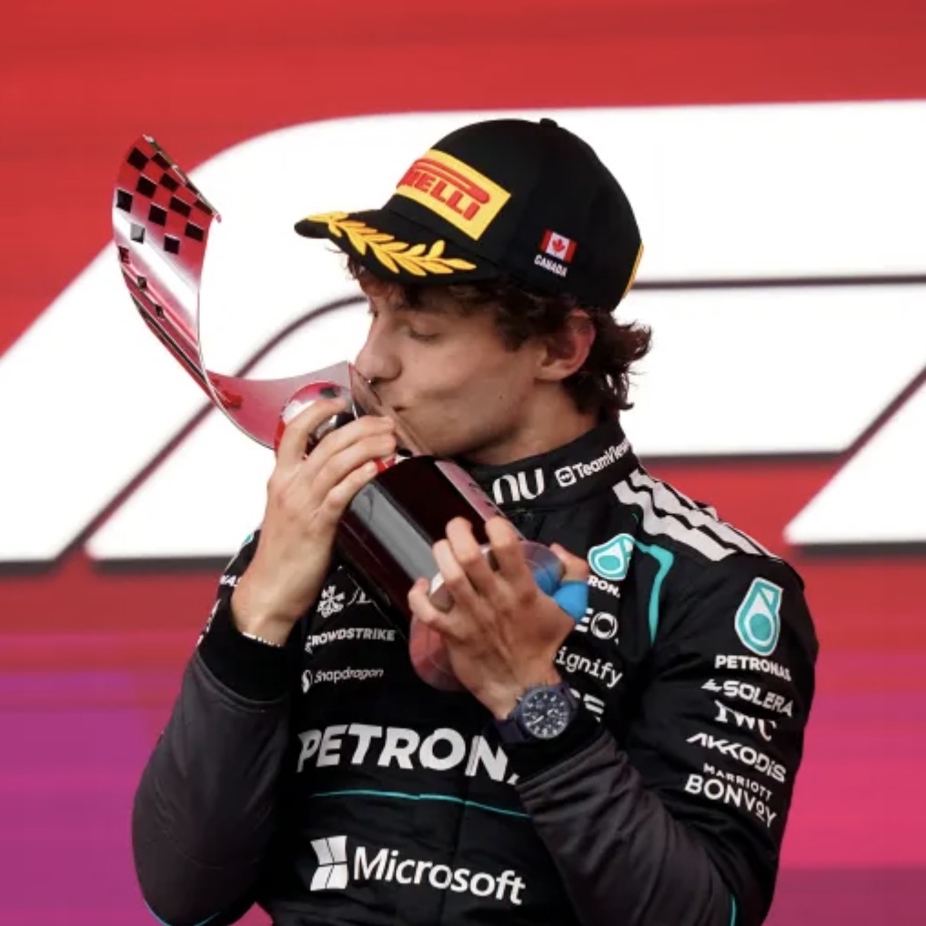 Kimi Antonelli with the Canadian Grand Prix first-place trophy